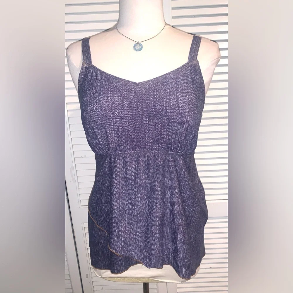 Denim & Co. Beach Denim Print Tankini Top Women’s size 12 A304226